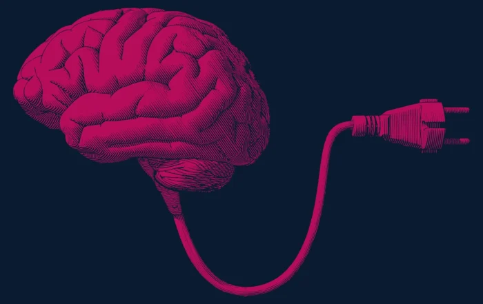 graphic of brain with a plug coming out of the cerebellum